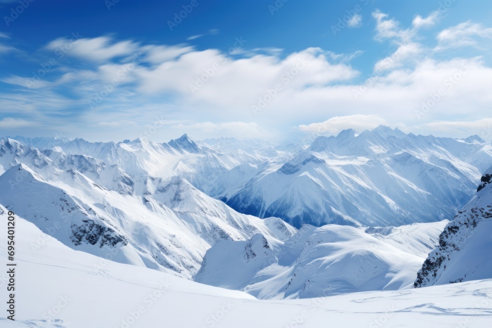 Poster a mountain range covered in snow under a blue sky with a few clouds in the sky and a person on skis 