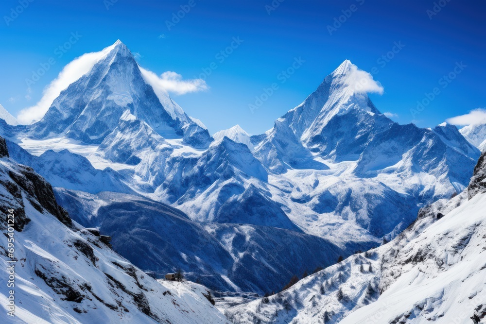 Poster a view of a mountain range with snow on the ground and a few clouds in the sky over the top of the m