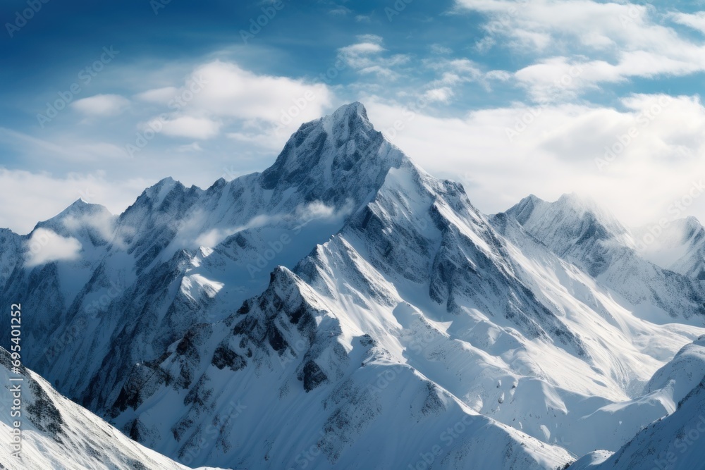 Poster a mountain range covered in snow under a blue sky with a few clouds in the foreground and a blue sky