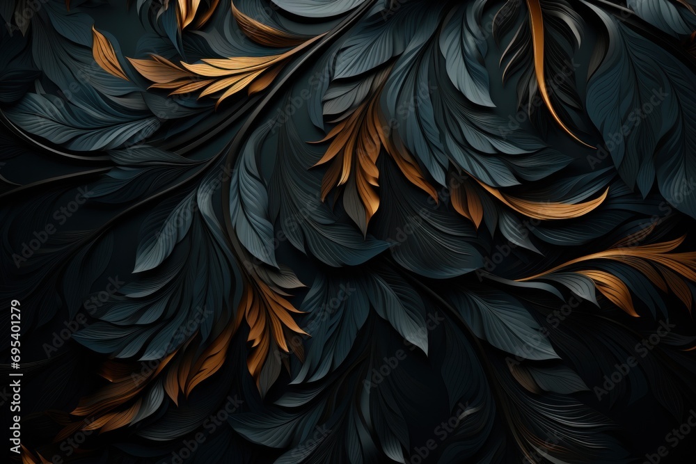 Poster a close up of a black and gold wallpaper with a pattern of leaves on the bottom half of the image an