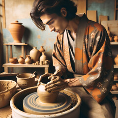 A high-quality Adobe Stock style image of a pottery wheel artist with a kimono patterned in clay colors.