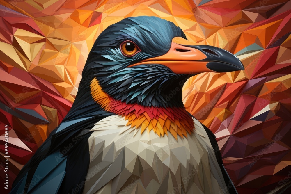 Poster a close up of a colorful bird on a background of low polygonic shapes with a black, orange, and whit