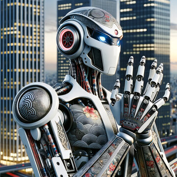 A best-selling Adobe Stock style image of a robot with elements of traditional Japanese design.