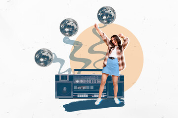 Horizontal photo collage of young carefree dancing overjoyed girl hipster cassette player boombox...