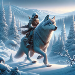 A traveler rides a majestic wolf through a snow-covered landscape, creating a scene of adventure and harmony with nature