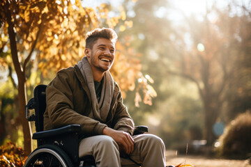 A determined young man in a wheelchair enjoying the freedom of an outdoor park, showcasing his positive attitude towards life despite facing mobility challenges - obrazy, fototapety, plakaty