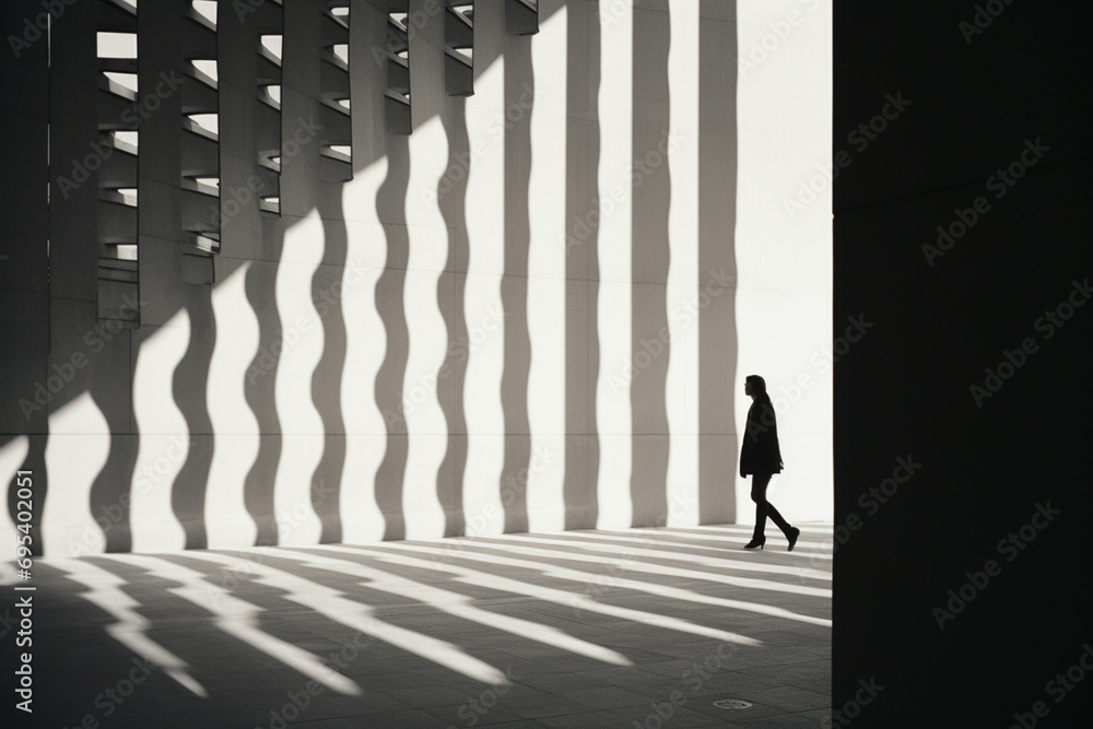 Poster an abstract black and white composition juxtaposing a person against a backdrop of striking modern a