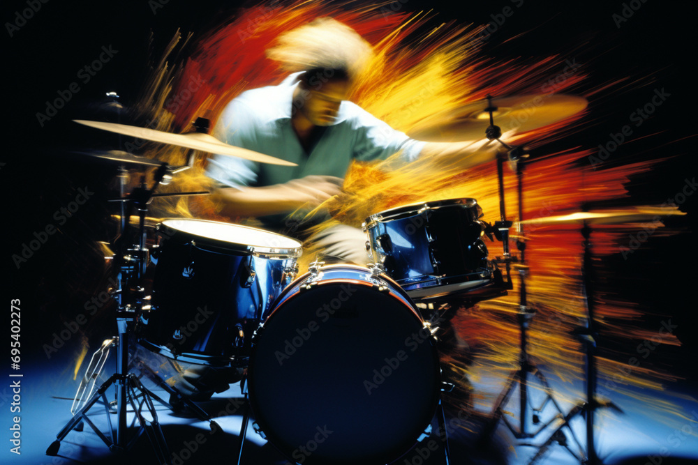 Poster A kinetic image of a drummer in action, capturing the rhythmic energy and movement associated with percussion instruments.