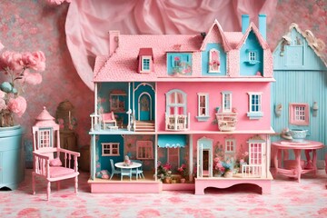 interior doll house decoration decorated  with the bed and small girl toy house decoration of the interior in pink and blue contrast abstract doll house background  