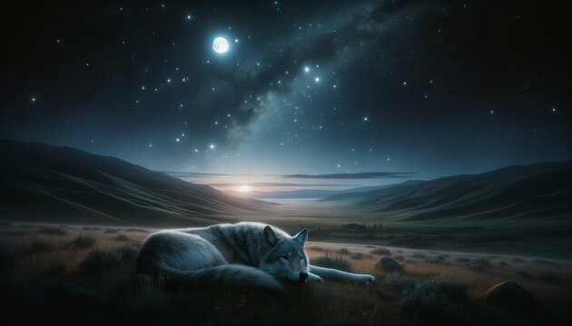A photorealistic image of a serene night scene with a wolf resting under the stars, envisioned as a bestseller on Adobe Stock.