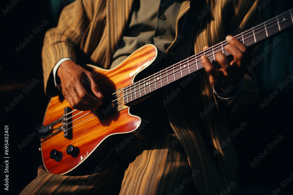 Poster Abstract image featuring a person playing a fretless bass, highlighting the smooth and rhythmic grooves produced by this unique instrument.