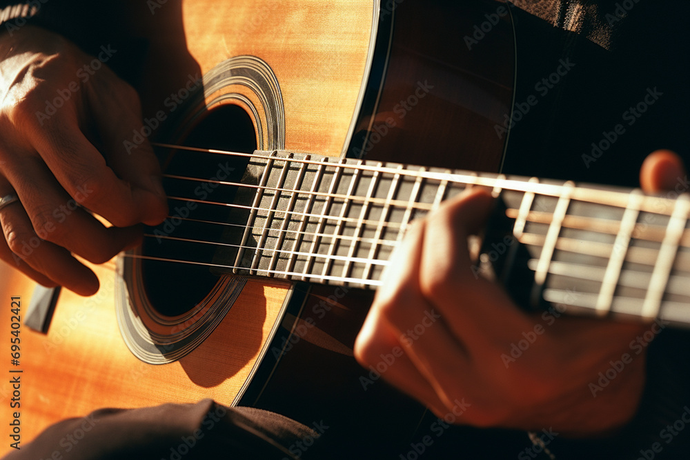 Poster close-up of a person playing an acoustic guitar, with abstract visual elements symbolizing the harmo