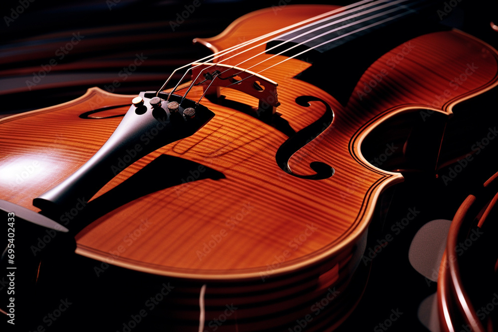 Poster an abstract composition featuring the intricate curves and lines of a violin, capturing the essence 