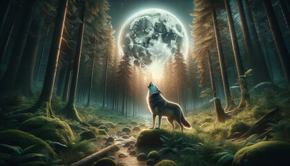 A photorealistic image of a wolf howling at the moon in a mystical forest setting, envisioned as a bestseller on Adobe Stock. - obrazy, fototapety, plakaty