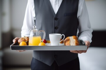  a man in a suit holding a tray with a tray of food and a cup of orange juice and a glass of orange juice and a glass of orange juice. - obrazy, fototapety, plakaty