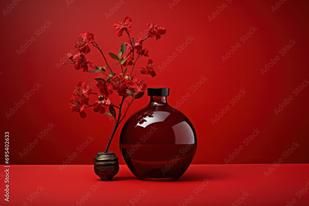 Poster  a vase with flowers in it sitting next to a vase with a flower in it on a red surface with a red wall behind the vase and a red background.