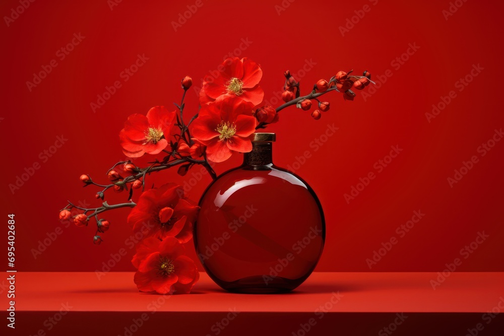 Poster a red vase filled with red flowers on top of a red table next to a vase filled with red flowers on t