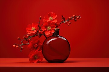  a red vase filled with red flowers on top of a red table next to a vase filled with red flowers on top of a red table next to a red wall.