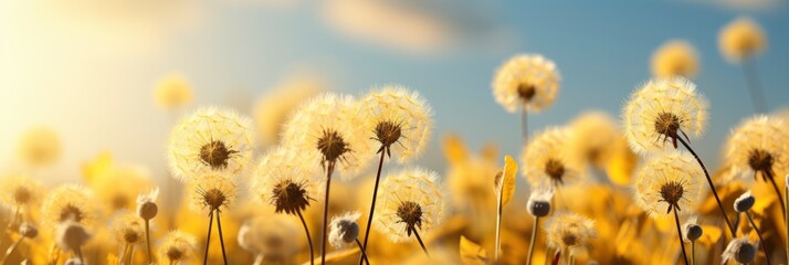 Many Yellow Dandelion Flowers On Meadow , Banner Image For Website, Background, Desktop Wallpaper