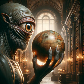 A cyclops examining a globe, set in an ancient library