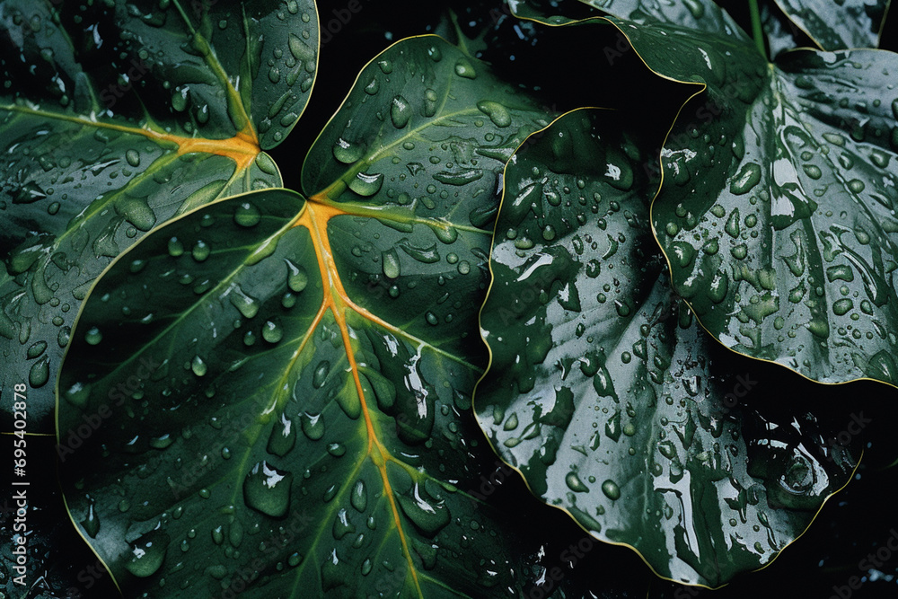 Aufkleber Close-up of leaves adorned with raindrops, creating abstract patterns and enhancing the organic textures of nature.
