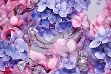  a close up of a bunch of flowers on a gray and pink background with a diamond brooch in the middle of the center of the picture, and a butterfly in the middle of the middle of the picture. - obrazy, fototapety, plakaty