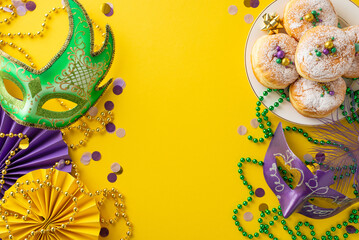 Festive Fiesta Indulgence: top view of plate filled with mouthwatering donuts, vibrant carnival masks, beaded necklaces, feather, confetti on lively yellow backdrop, space for personalized messages