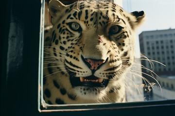 Abstract representation of big cats against urban perspectives, creating a visually dynamic and powerful portrait.