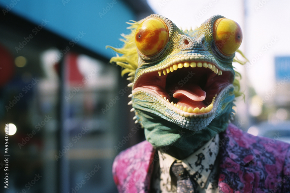 Aufkleber a portrait of a chameleon caught mid-chuckle, offering a light-hearted and amusing twist for design 