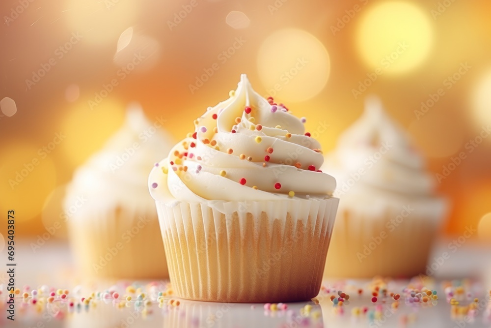 Poster a close up of three cupcakes with white frosting and sprinkles on a table with a boke of light color