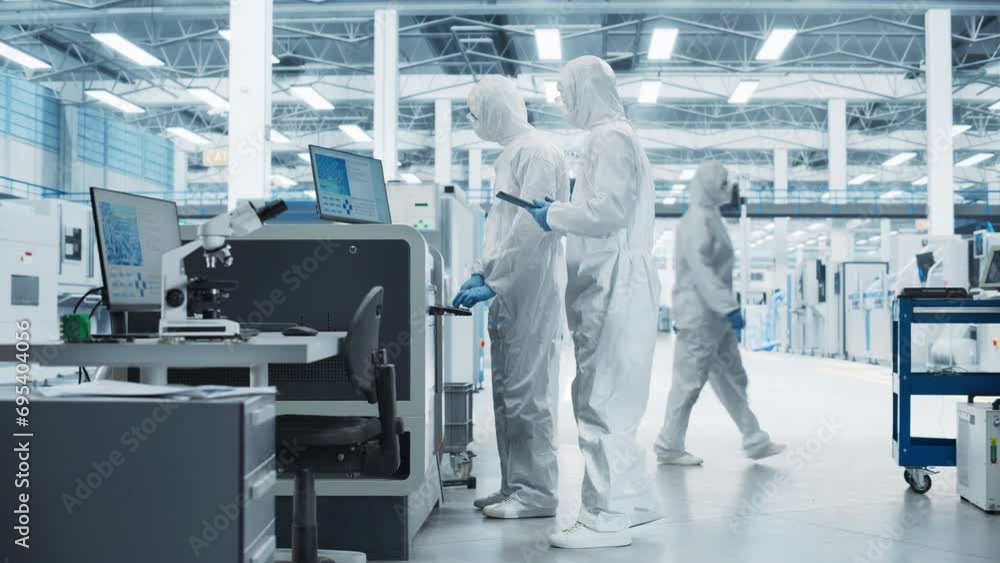 Aufkleber Two Specialists in Sterile Suits Walking In Electronics Factory Research Center. Scientist With Tablet And Engineer Approaching Soldering Jet Printer And Starting Production Process Of Circuit Boards.