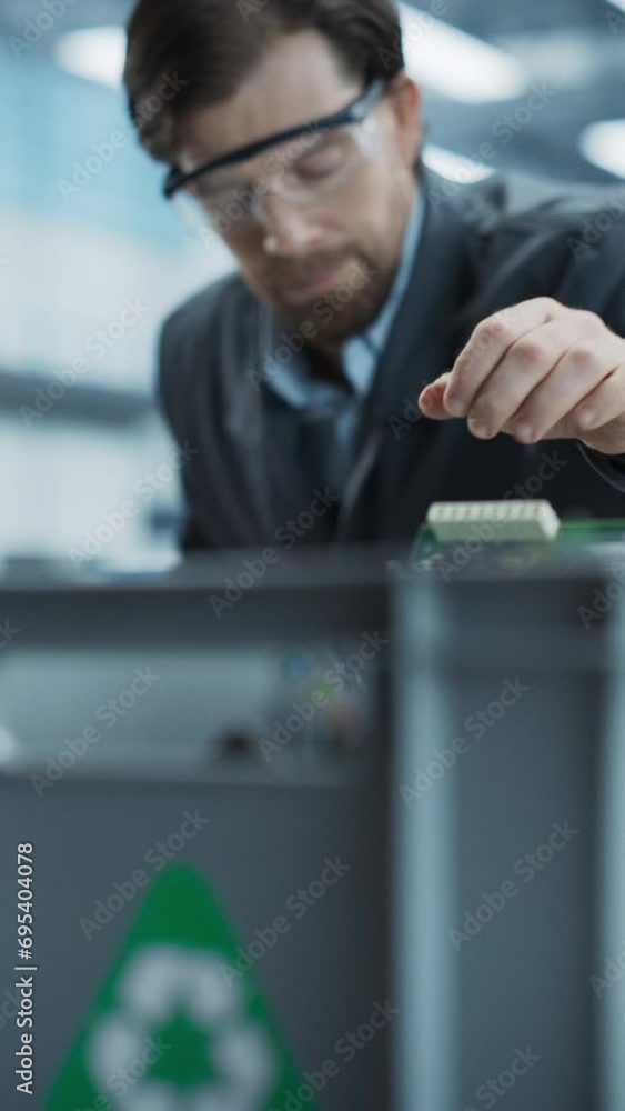 Aufkleber Vertical Screen: Caucasian Male Worker Disassembling Old Laptops To Recycle Electronic Components For Microchip Production At Electronics Factory. Man Unscrewing Motherboards And Sorting Them In Boxes