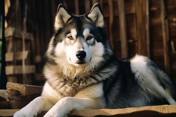 A mystical and majestic portrait of a Malamute dog, conveying strength and allure for visually captivating designs.