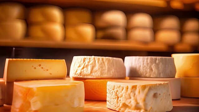 Natural wheel of cheeses against rustic cheese farm interior backdrop, highlighting the art of cheesemaking and the pleasure of savoring authentic, natural products. Cheese tasting