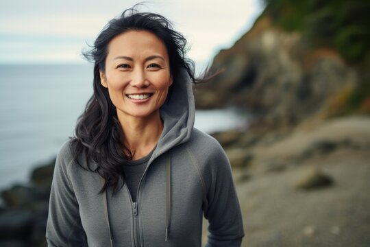Portrait of a smiling asian woman in her 40s wearing a zip-up fleece hoodie against a rocky shoreline background. AI Generation