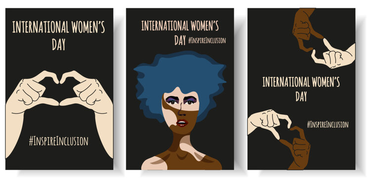 Set Design Inspire Inclusion holiday card. Internation Women's Day poster template in trendy Minimal style. Vector illustration can used web and social media banner, card, print 