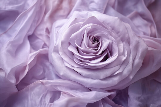  a close up of a pink rose on a bed of purple satin fabric, with the center of the rose in the middle of the center of the photo, and the center of the rose.