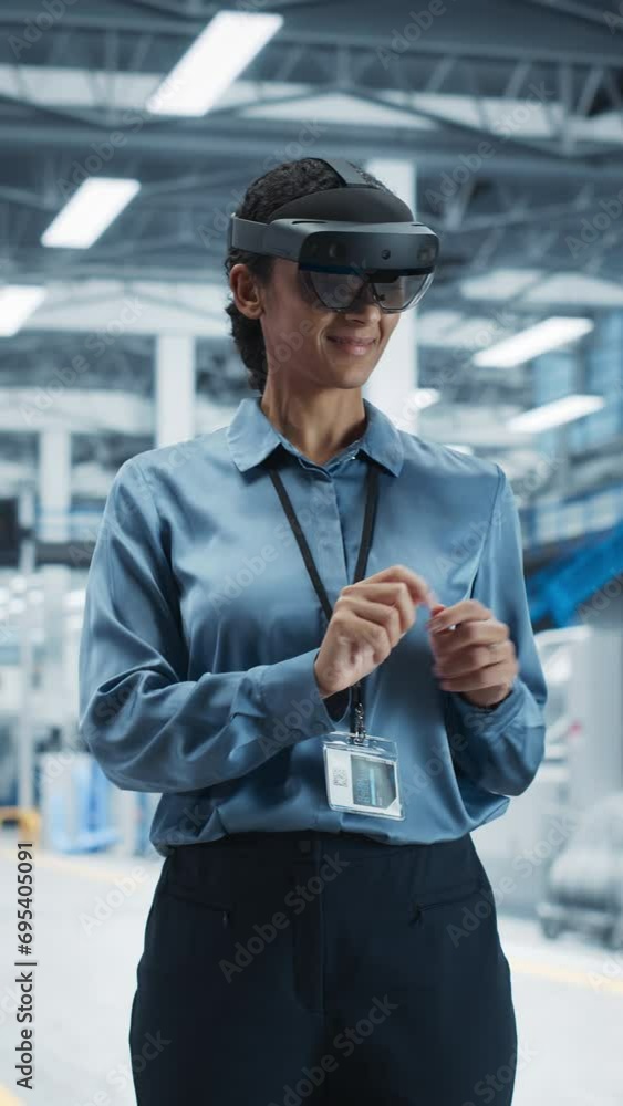 Aufkleber Vertical Screen: Hispanic Female Engineer Wearing an Augmented Reality Headset And Controlling Autonomous Production At an Electronics Factory. Woman Using Gestures To Configure Assembly Line.