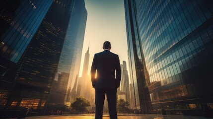 Cityscape Confidence: Businessman Embracing Modern Life by Skyscraper