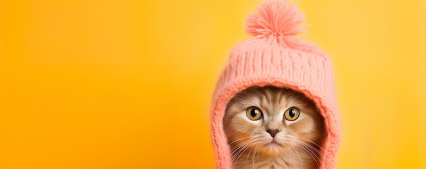 Funny ginger cat in a knitted pink hat close-up, on a yellow background. Copy space. Banner - obrazy, fototapety, plakaty