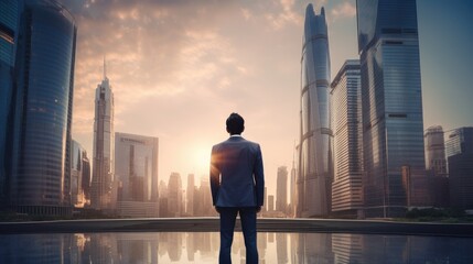 Fototapeta na wymiar Cityscape Confidence: Businessman Embracing Modern Life by Skyscraper