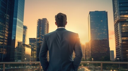 Fototapeta premium Cityscape Confidence: Businessman Embracing Modern Life by Skyscraper