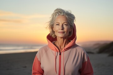 Portrait of a tender woman in her 60s wearing a zip-up fleece hoodie against a vibrant beach sunset background. AI Generation