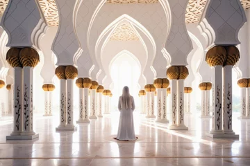 Fotobehang White columns in an Islamic mosque and a woman in white clothes © o1559kip