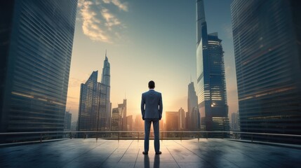 Fototapeta na wymiar Cityscape Confidence: Businessman Embracing Modern Life by Skyscraper