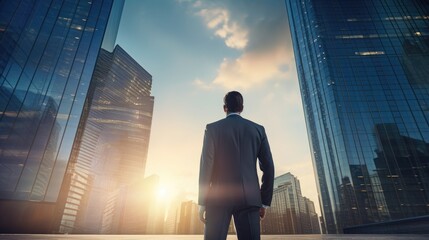 Fototapeta premium Cityscape Confidence: Businessman Embracing Modern Life by Skyscraper