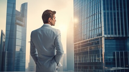 Cityscape Confidence: Businessman Embracing Modern Life by Skyscraper
