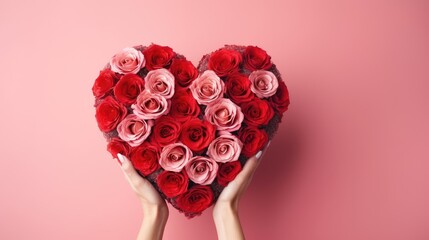 Heart shaped bouquet of red and pink roses on a solid color ona. Woman's hands holding a bouquet of roses - Powered by Adobe