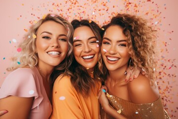 Obraz premium Three beautiful young women in shiny dresses, confetti from their palms isolated over peach fuzz background