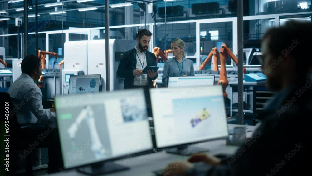Poster Electric Engine Production At Autonomous Factory With Robotic Arms: Diverse Technicians And Engineers Using Desktop Computers To Control Assembly Line While Managers With Tablet Discussing Project.